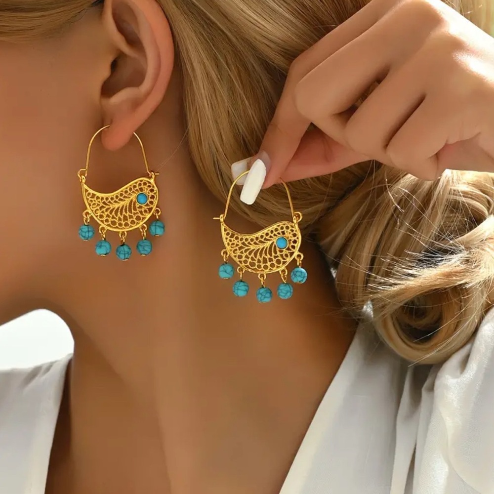 NEW Elegant Tassel Hoop Earrings with Turquoise Accents